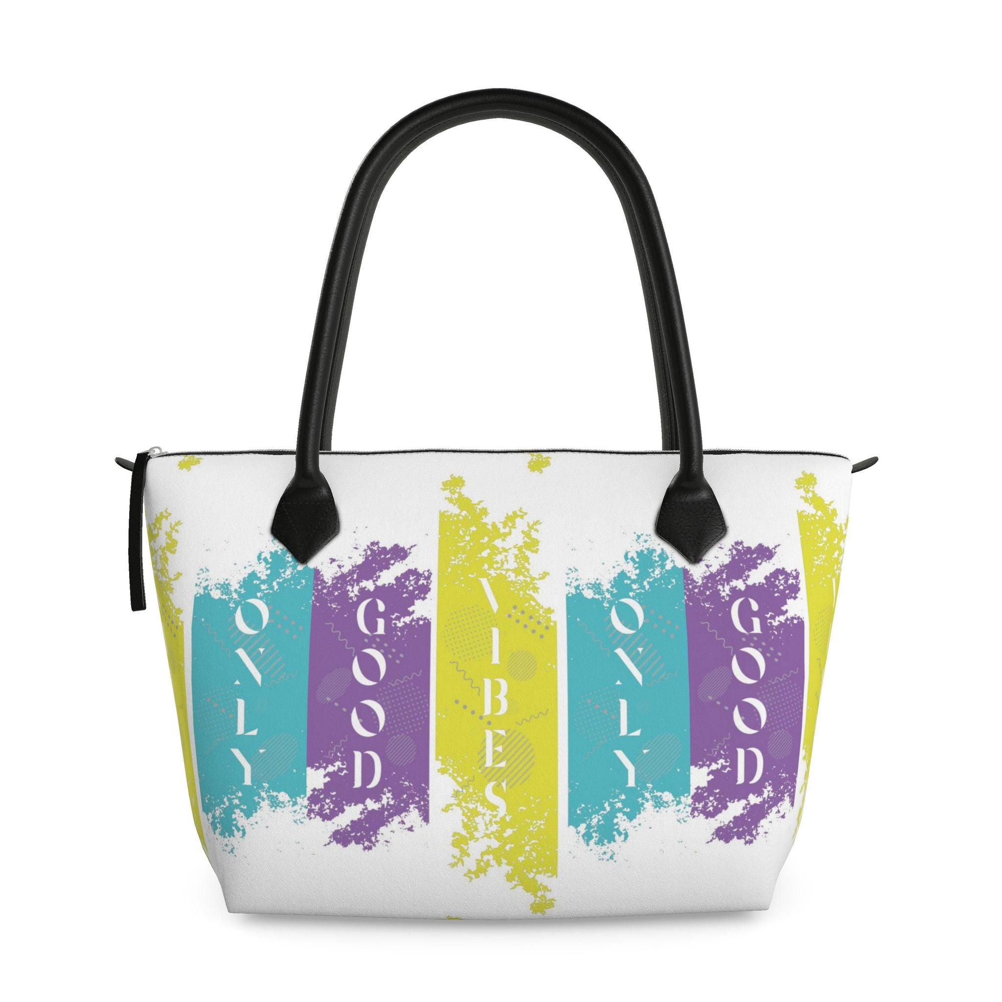 Zip Top Leather Handbag – Good Vibes Only Print | Handmade UK