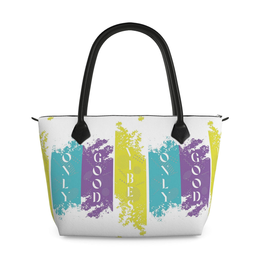 Zip Top Leather Handbag – Good Vibes Only Print | Handmade UK