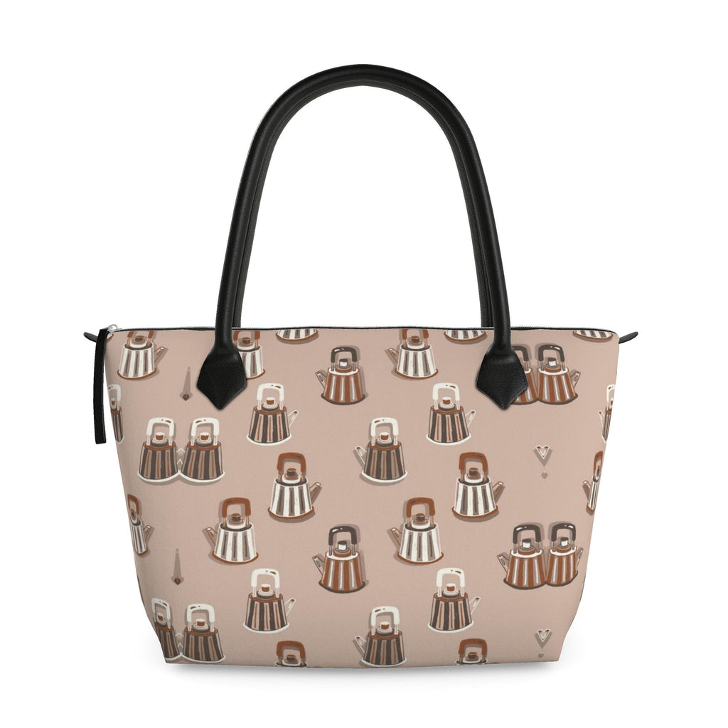 Zip Top Leather Handbag – Kettle Print | Handmade UK