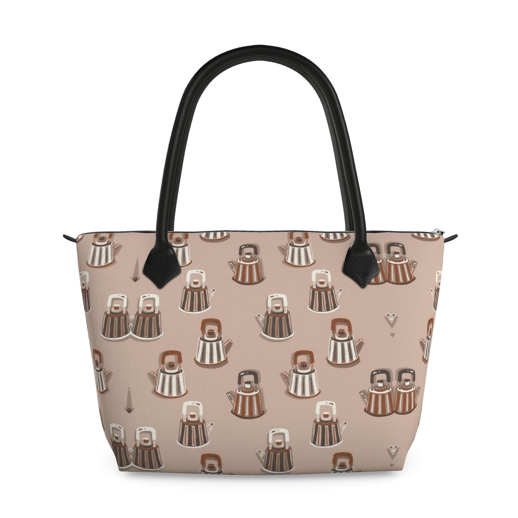 Zip Top Leather Handbag – Kettle Print | Handmade UK
