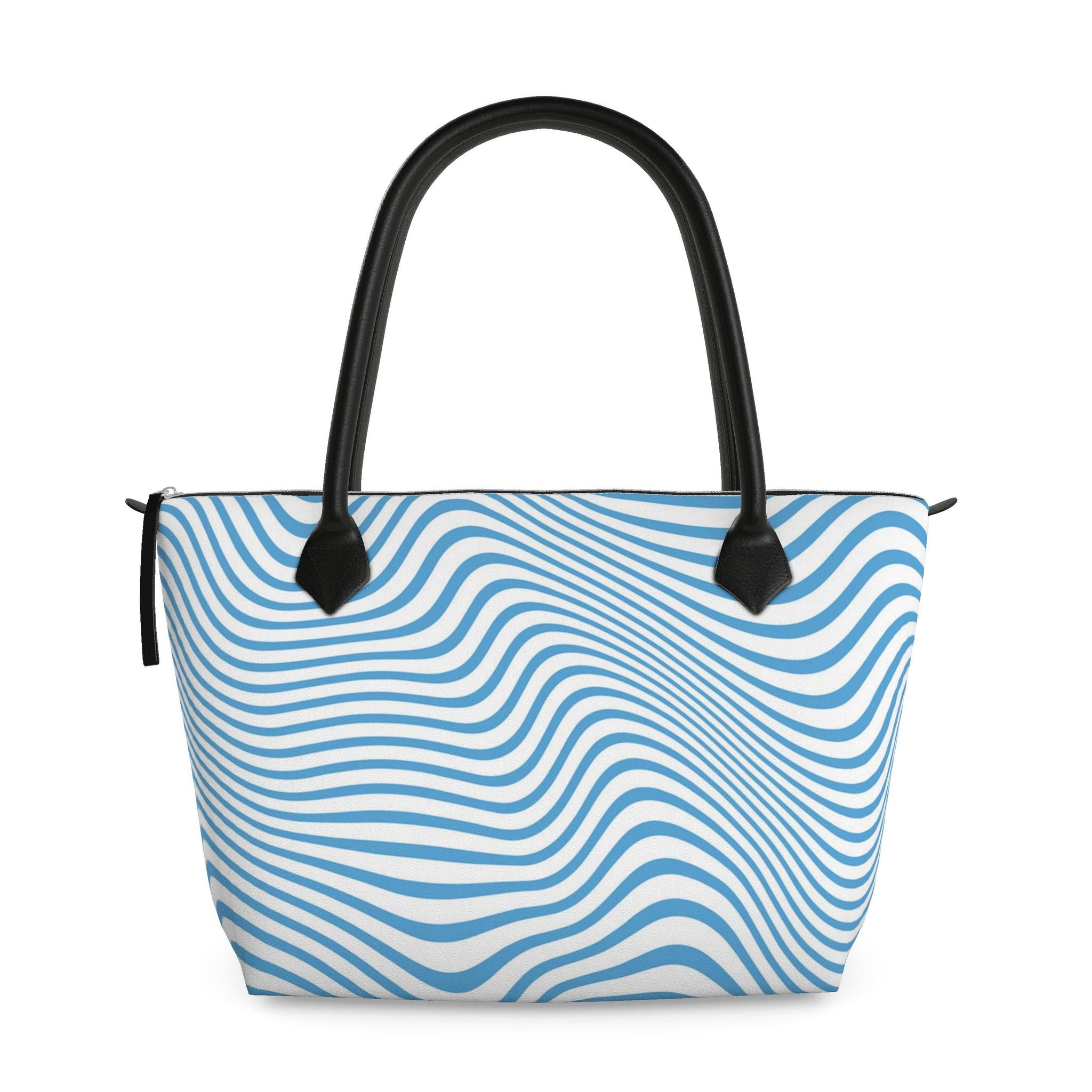 Zip Top Leather Handbag – Blue Wavy Pattern | Handmade UK
