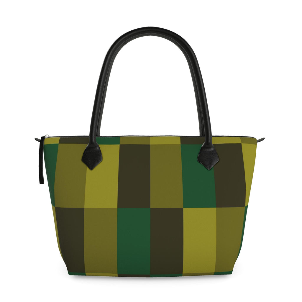 Zip Top Leather Handbag – Green Block Print | Handmade UK