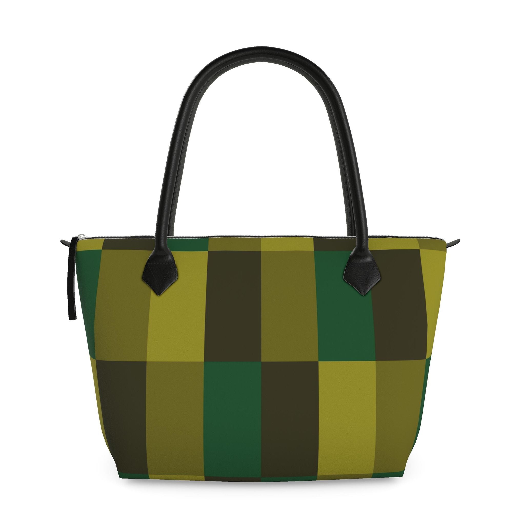 Zip Top Leather Handbag – Green Block Print | Handmade UK