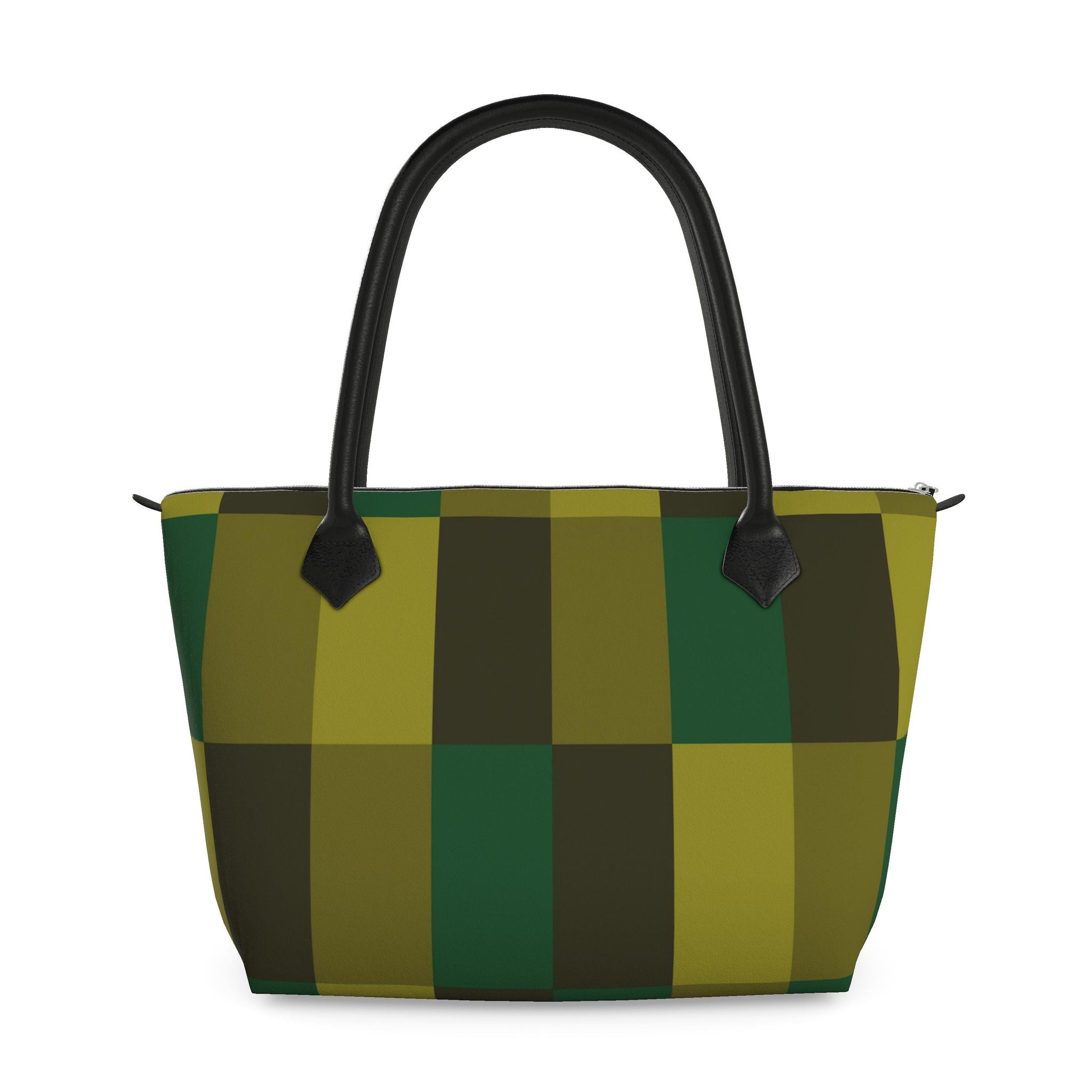 Zip Top Leather Handbag – Green Block Print | Handmade UK