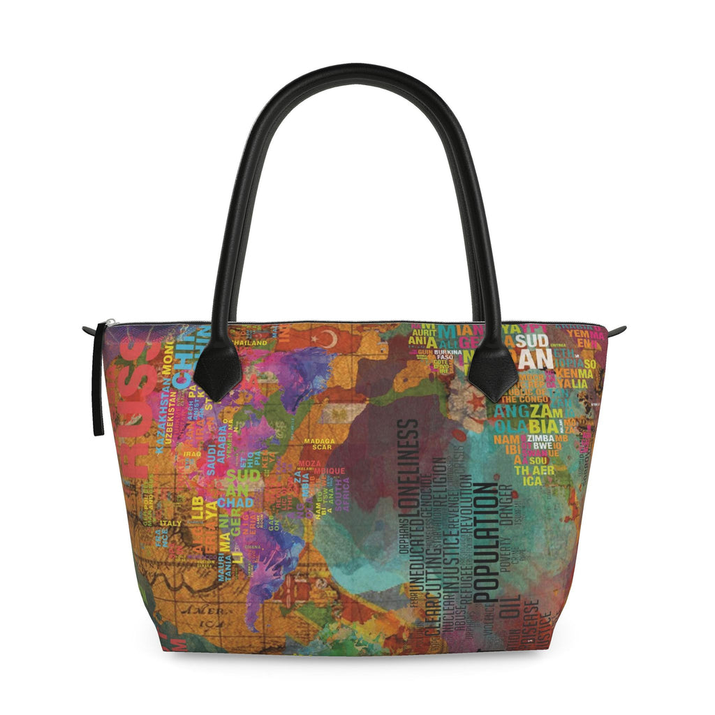 Zip Top Leather Handbag – Multicolour World Map Print | Handmade UK