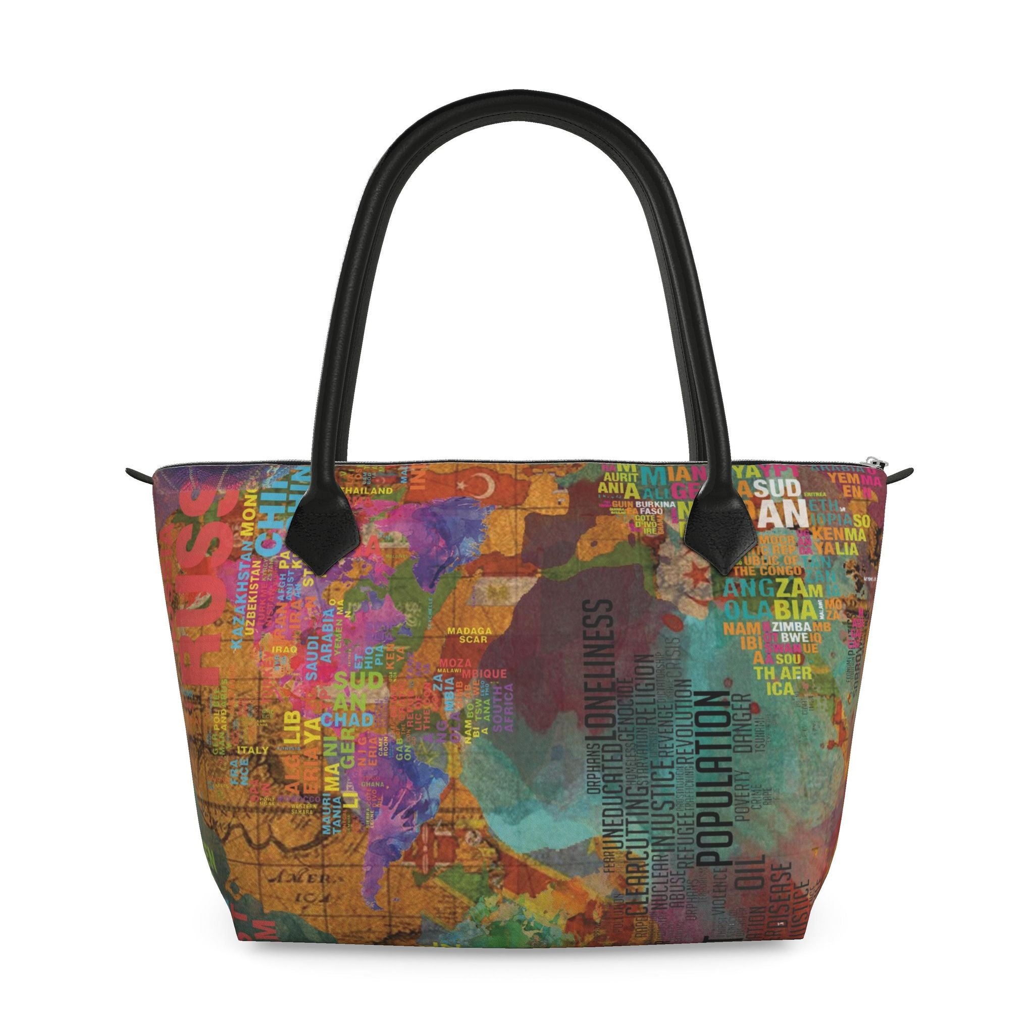 Zip Top Leather Handbag – Multicolour World Map Print | Handmade UK