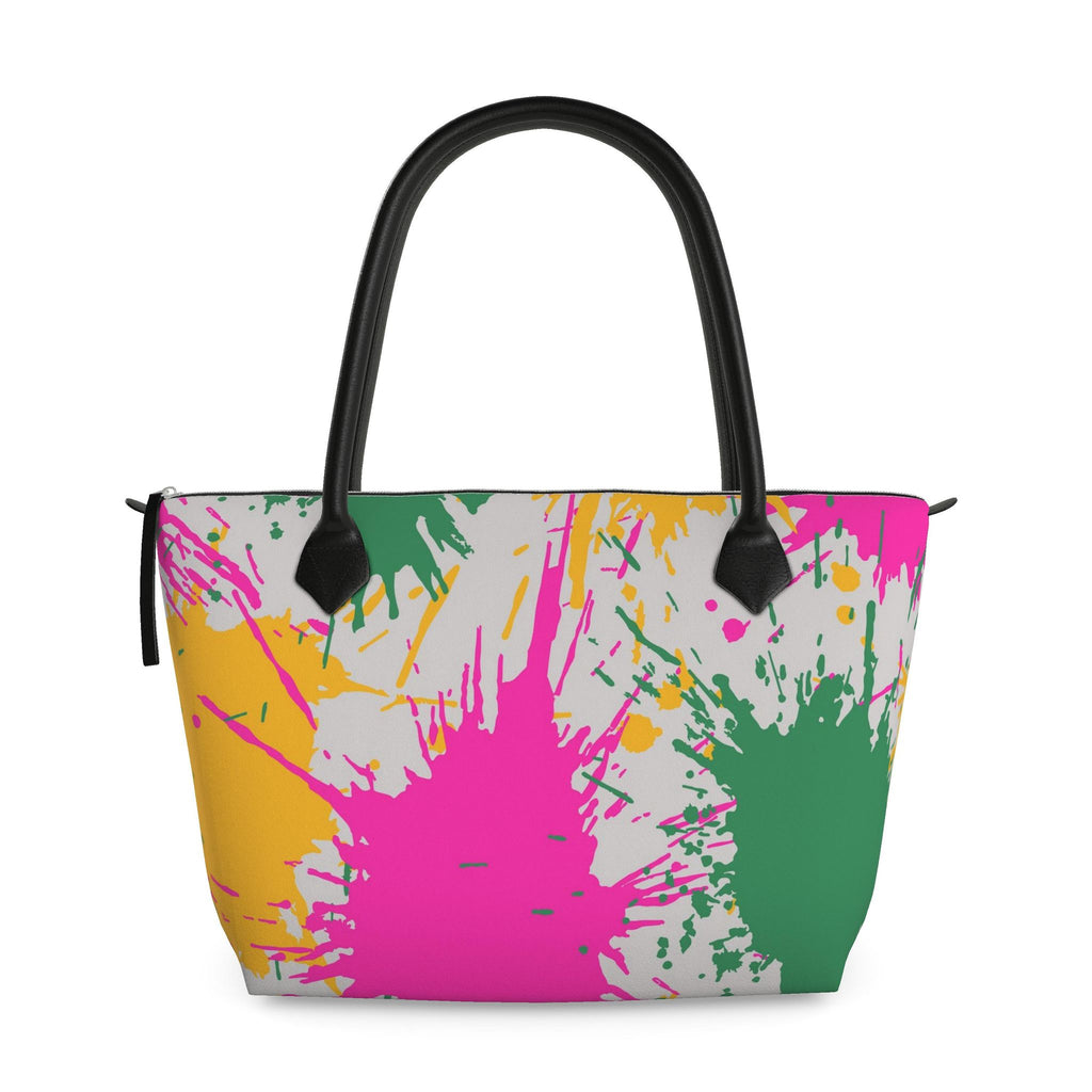 Zip Top Leather Handbag – Colour Splash Print | White | Handmade UK