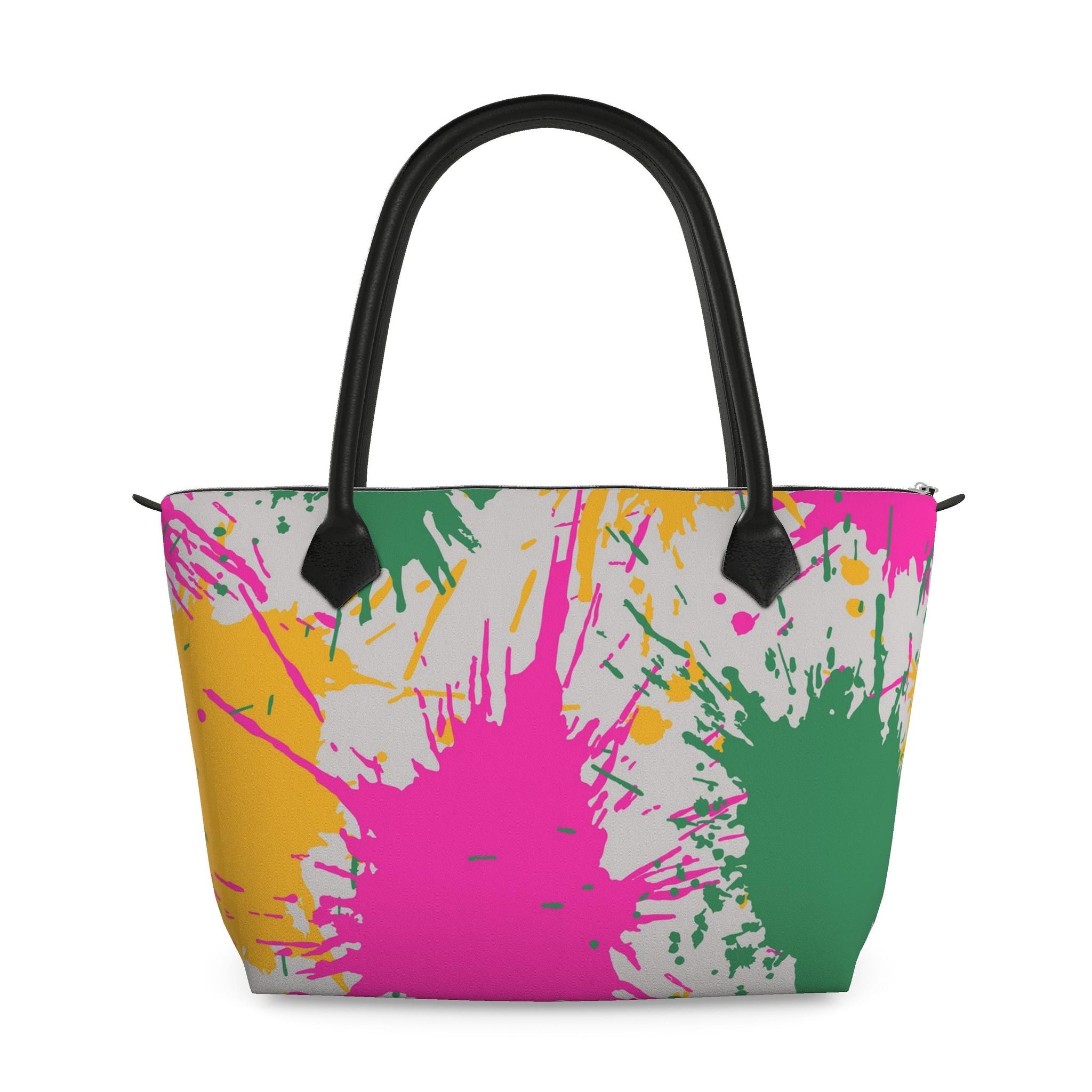 Zip Top Leather Handbag – Colour Splash Print | White | Handmade UK