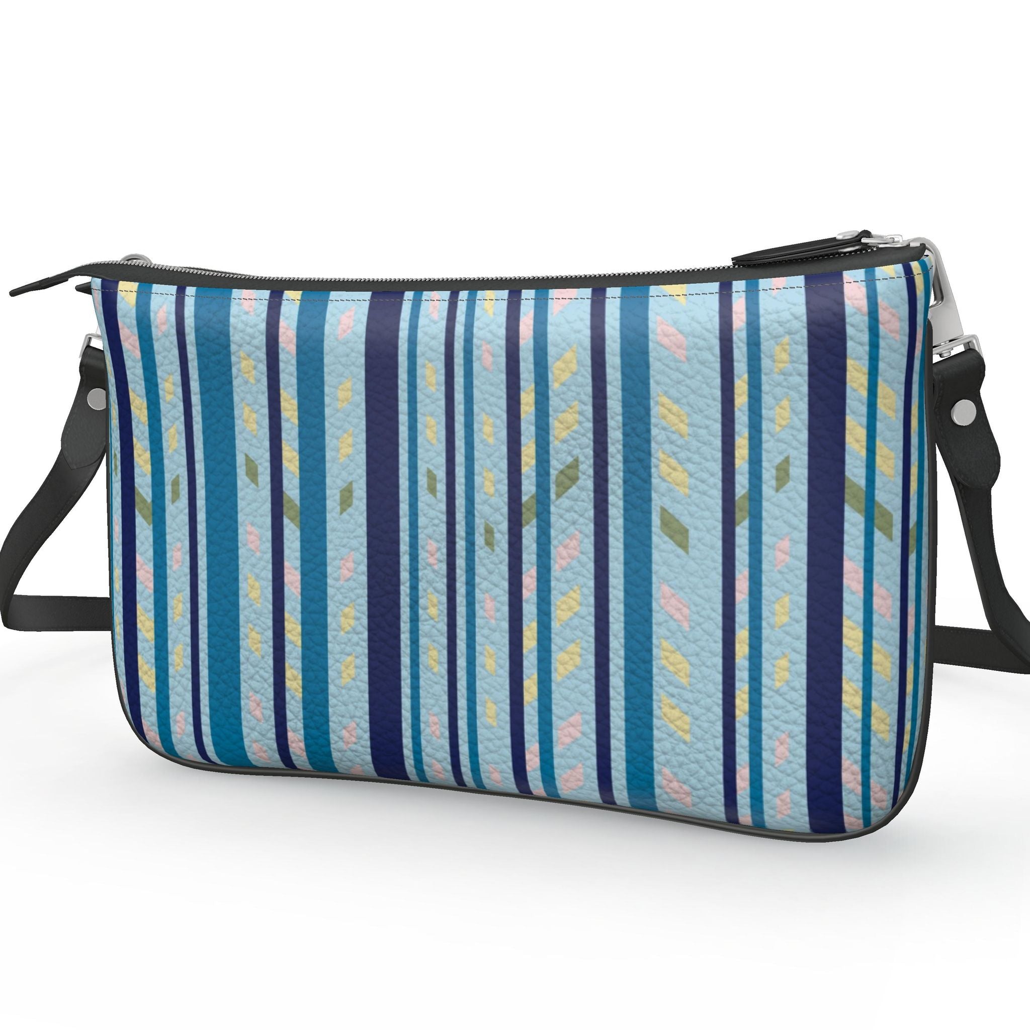 Pochette Double Zip Bag – Blue Stripe Print | Nappa Leather | Handmade UK