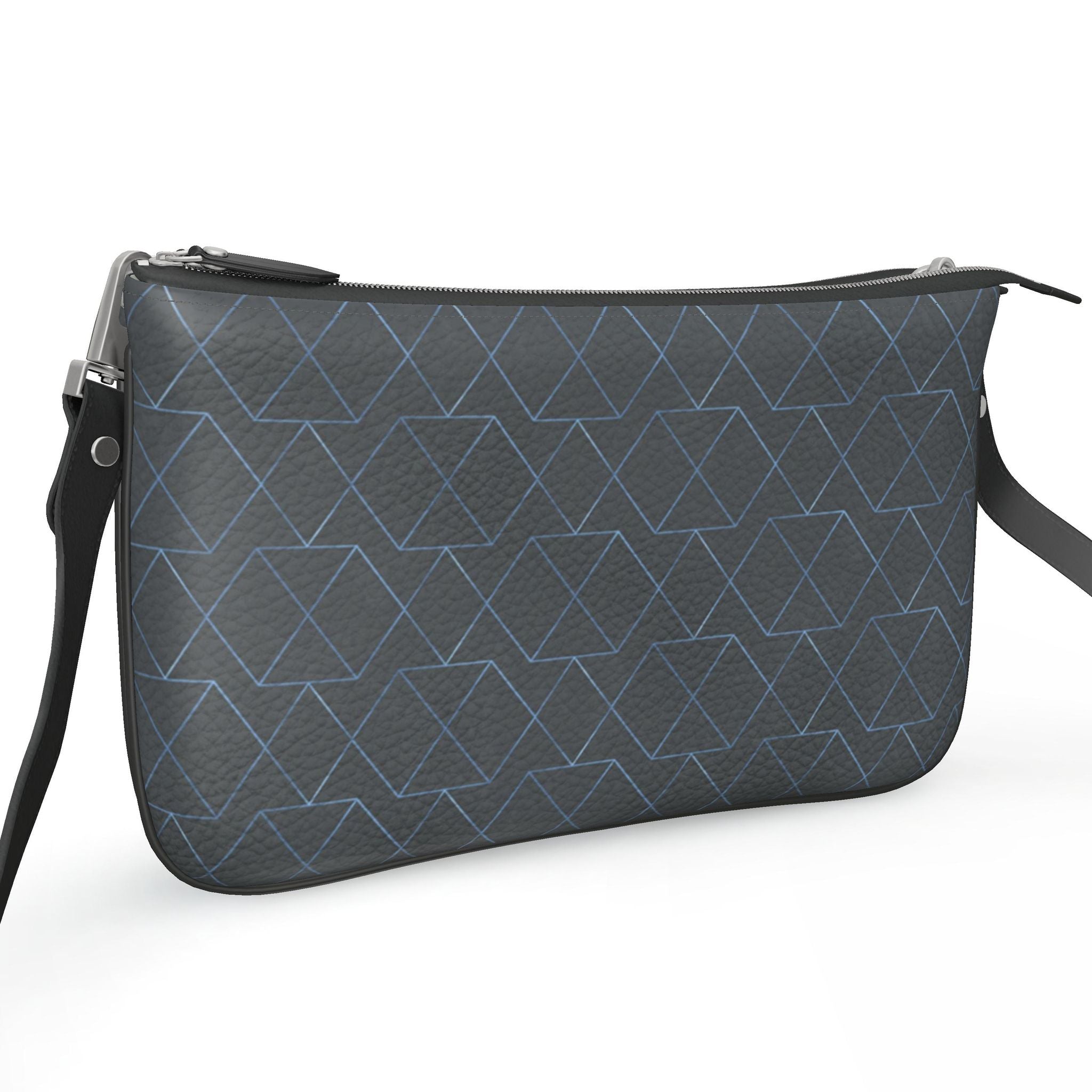 Pochette Double Zip Bag – Grey Symmetrical Blue Print | Nappa Leather | Handmade UK