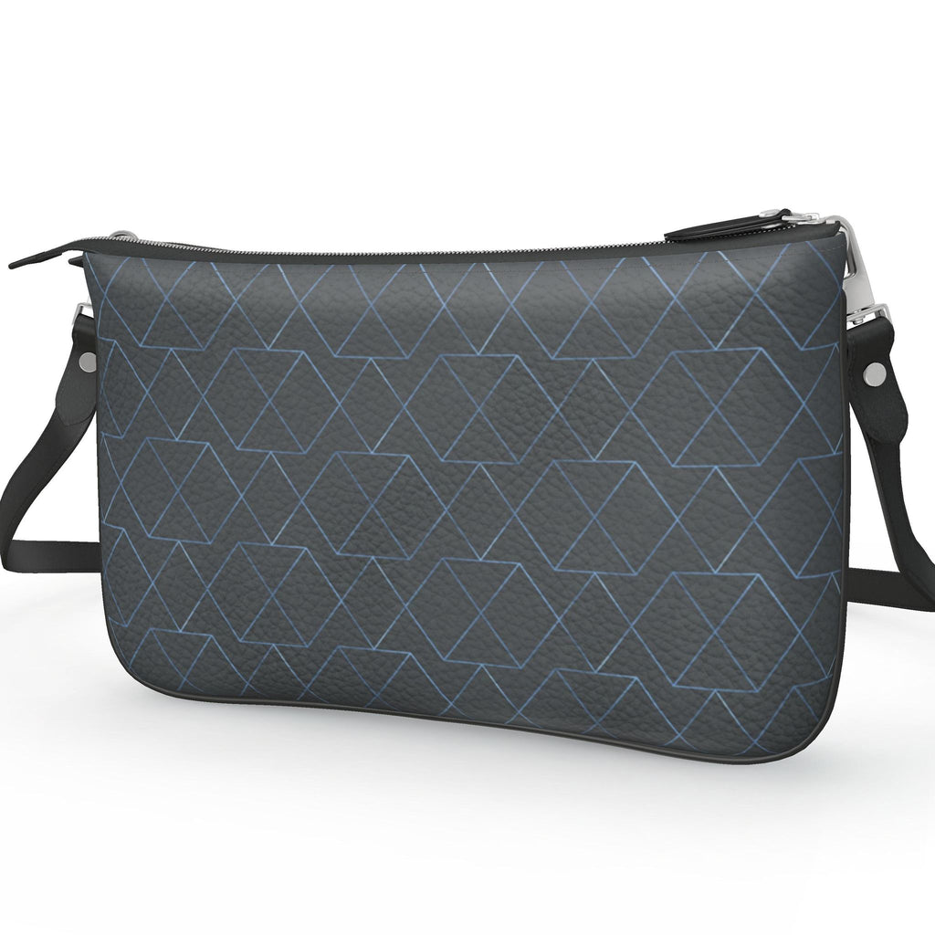 Pochette Double Zip Bag – Grey Symmetrical Blue Print | Nappa Leather | Handmade UK