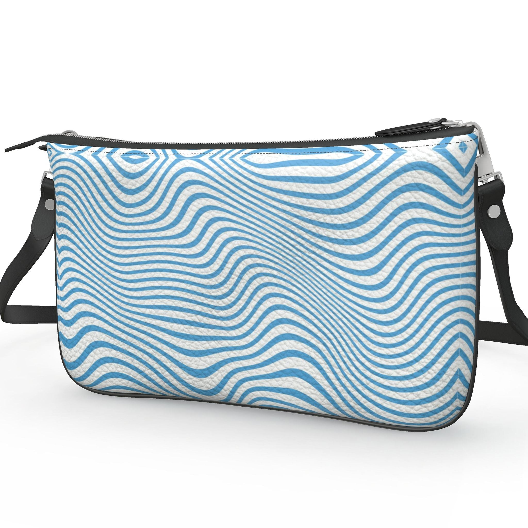 Pochette Double Zip Bag – Blue Wavy Print | Nappa Leather | Handmade UK