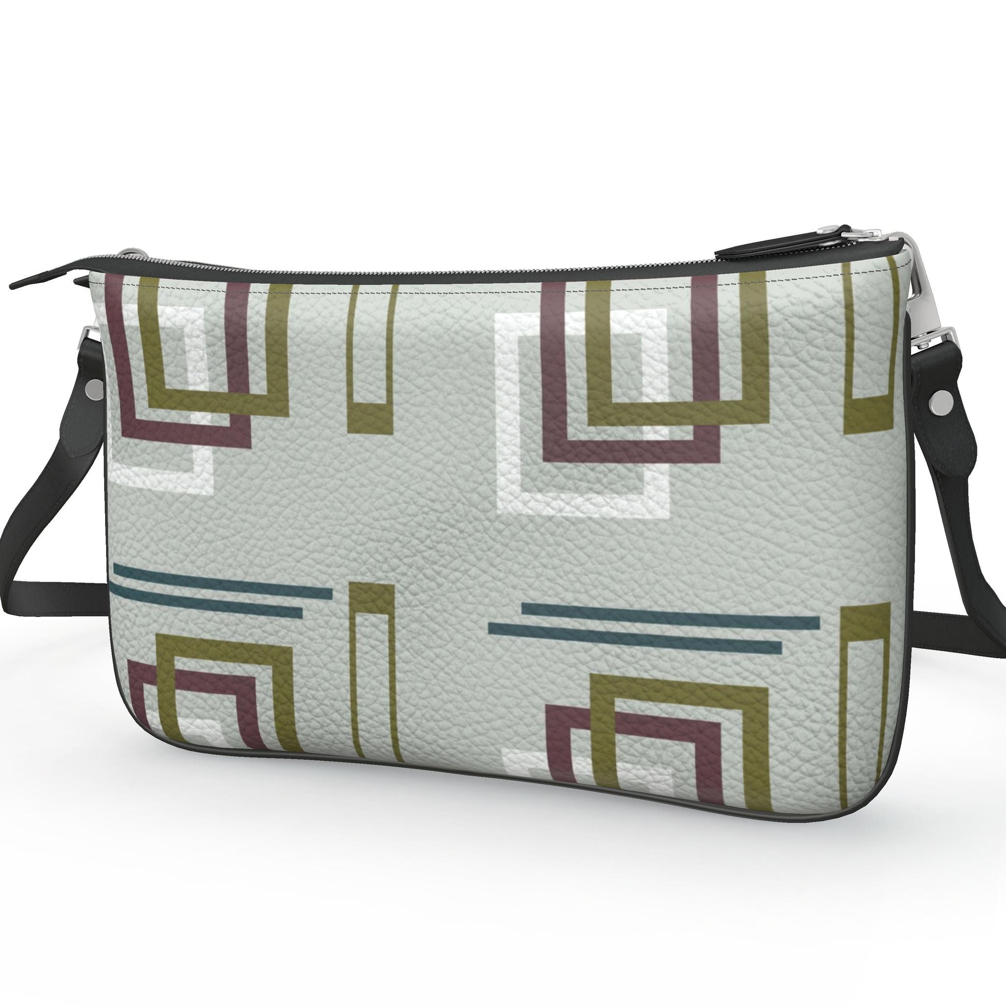 Pochette Double Zip Bag – Light Green Symmetrical Print | Nappa Leather | Handmade UK