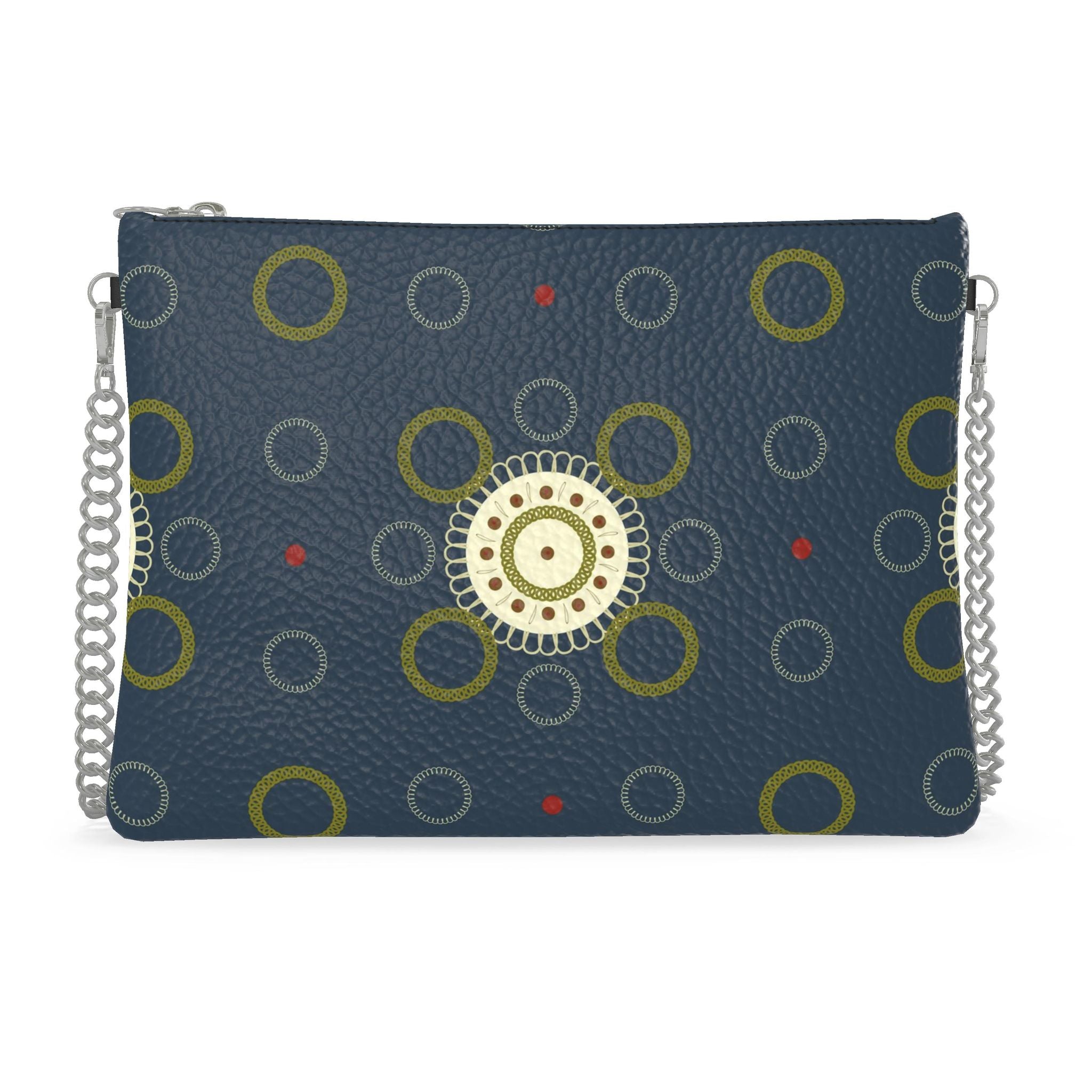 Leather Crossbody Bag with Chain – Dark Green Circle Print | Handmade UK