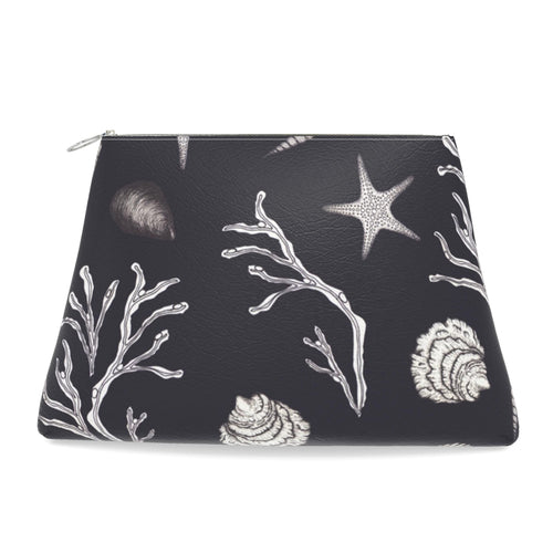 Leather Clutch Bag – Black Seaweed & Shell Print | Handmade UK