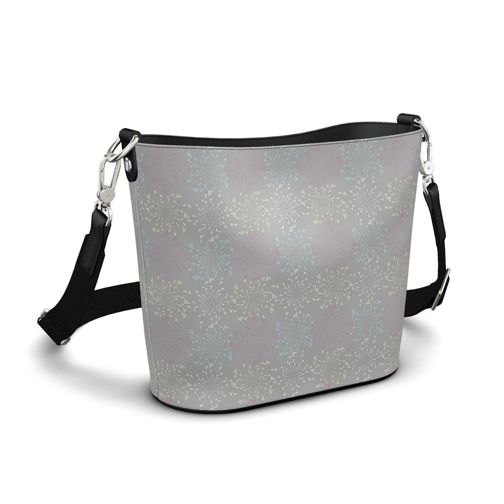 Penzance Leather Bucket Tote – Grey Firework Print | Handmade UK