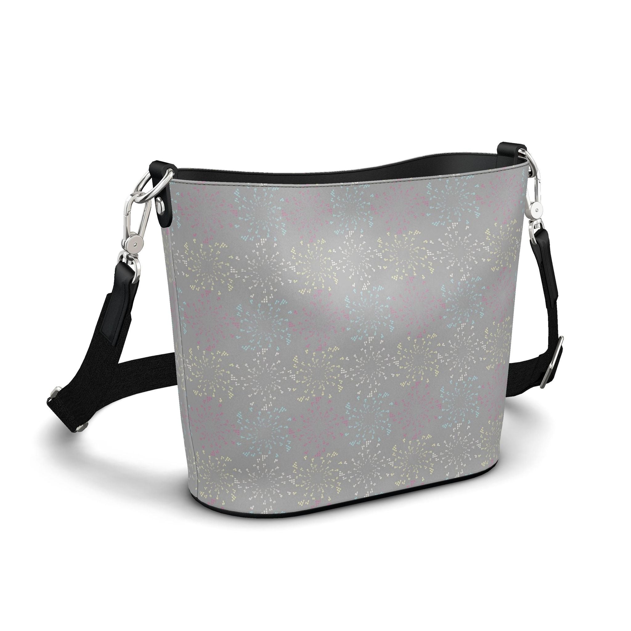 Penzance Leather Bucket Tote – Grey Firework Print | Handmade UK