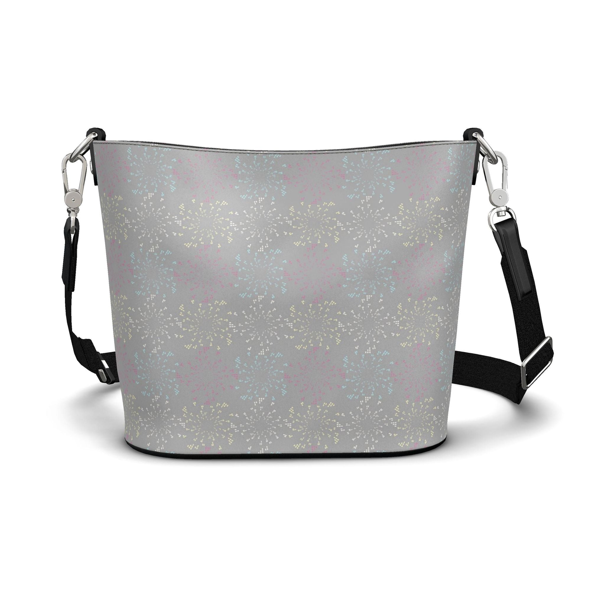 Penzance Leather Bucket Tote – Grey Firework Print | Handmade UK