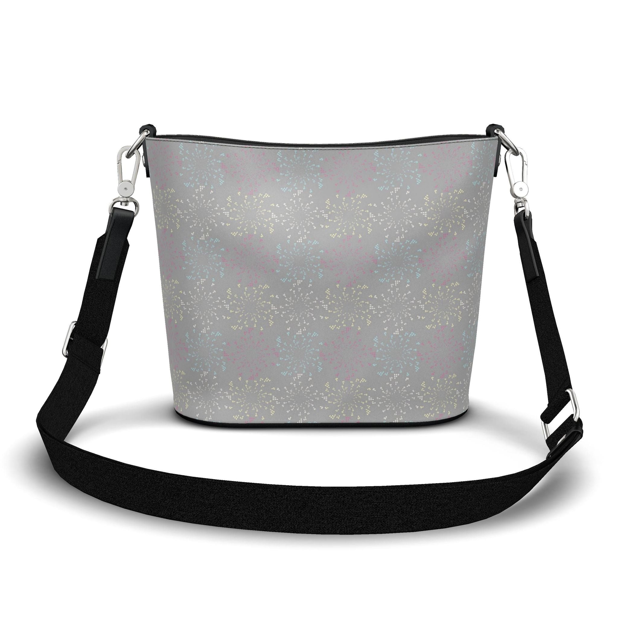 Penzance Leather Bucket Tote – Grey Firework Print | Handmade UK