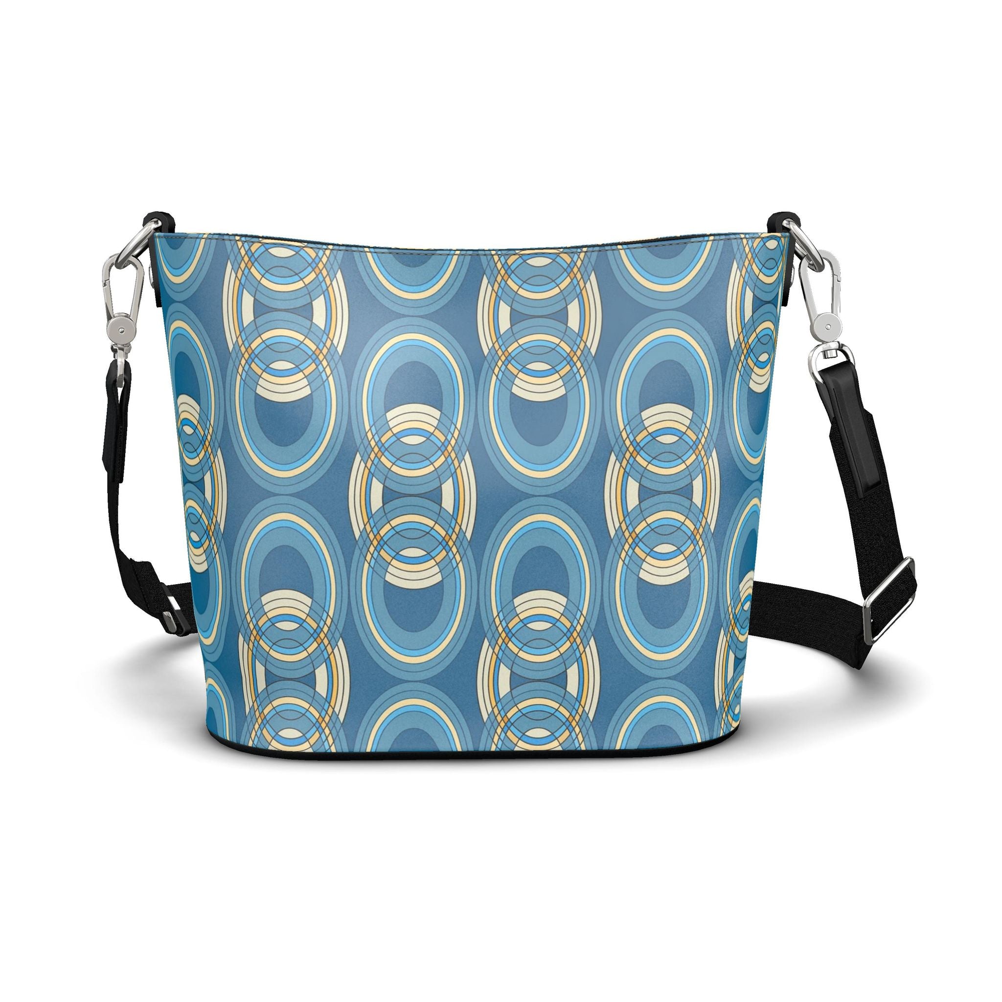 Penzance Leather Bucket Tote – Blue Chain Print | Handmade UK