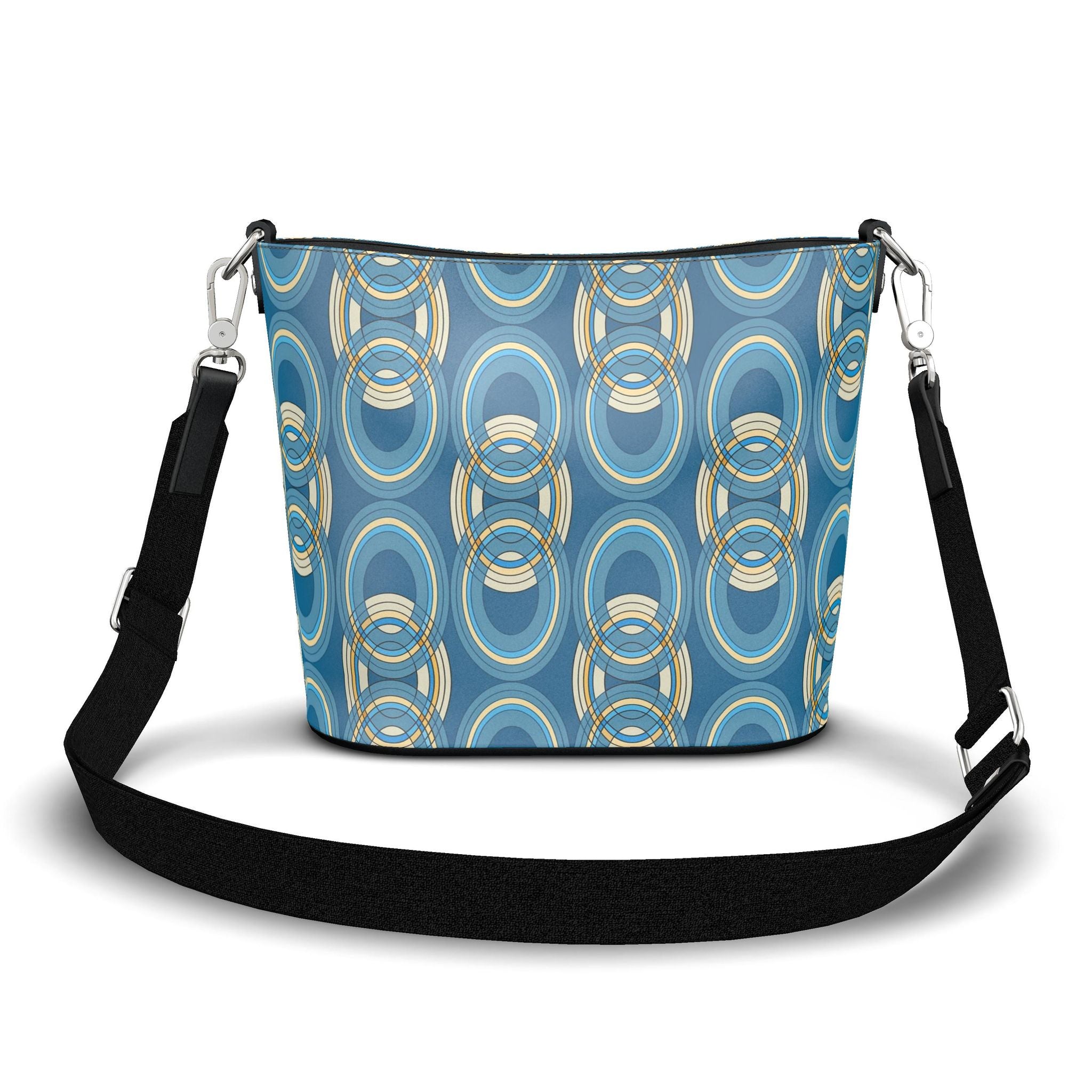 Penzance Leather Bucket Tote – Blue Chain Print | Handmade UK