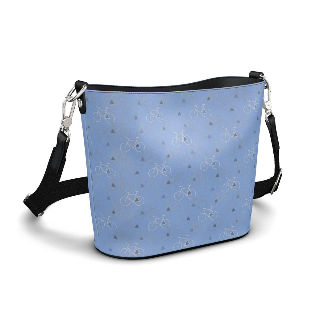Penzance Leather Bucket Tote – Blue Bicycle Print | Handmade UK