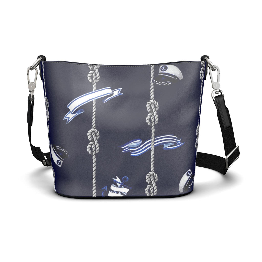 Penzance Leather Bucket Tote – Navy Marine Rope Print | Handmade UK