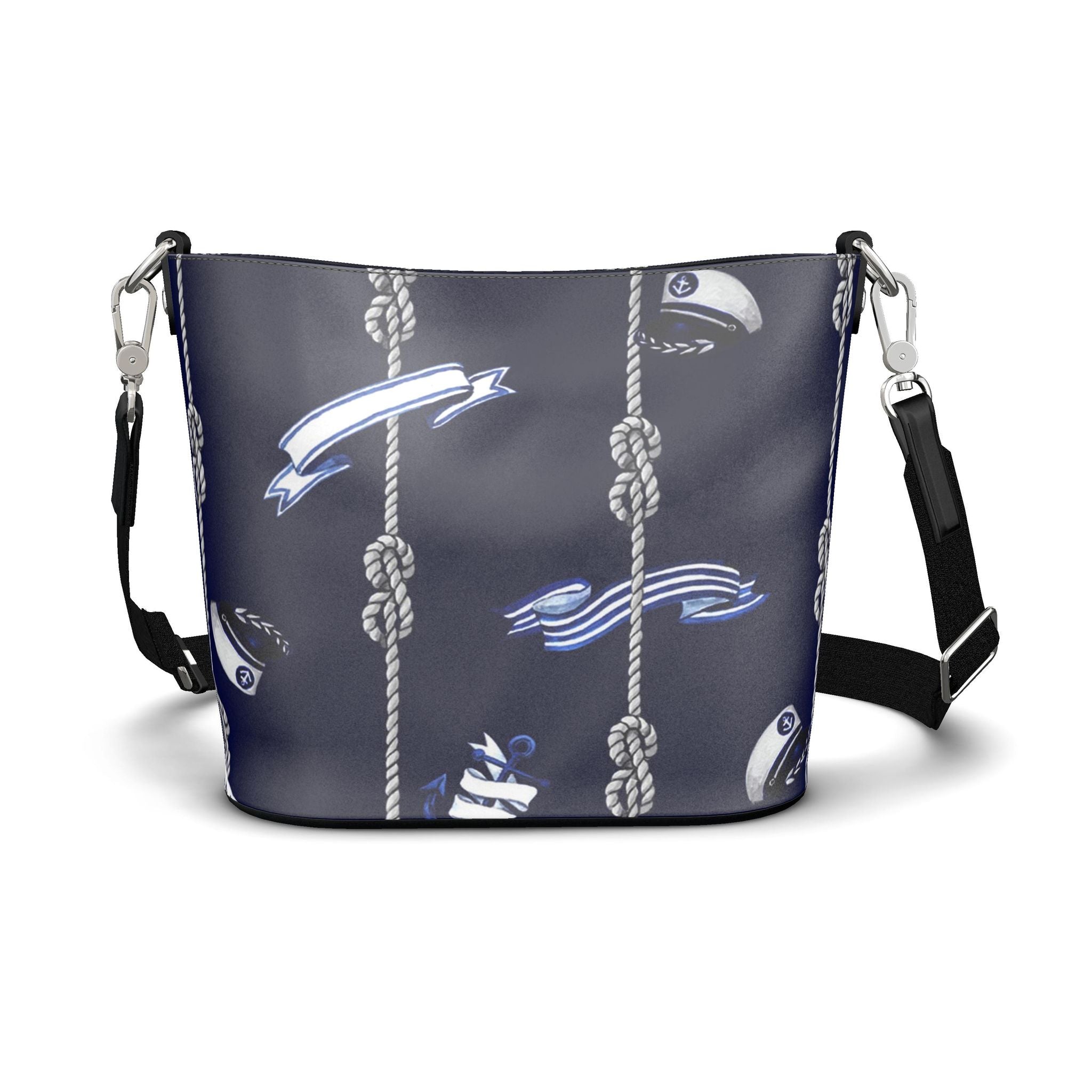 Penzance Leather Bucket Tote – Navy Marine Rope Print | Handmade UK