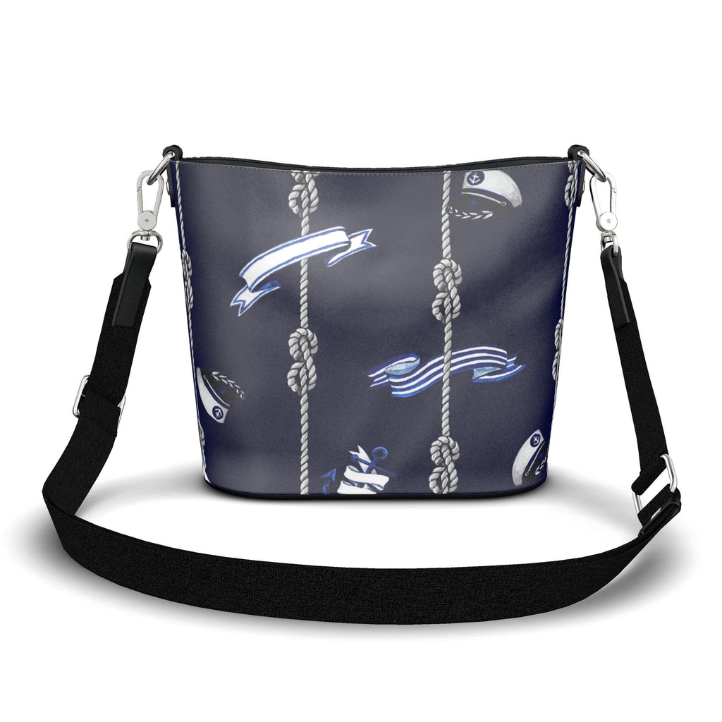 Penzance Leather Bucket Tote – Navy Marine Rope Print | Handmade UK