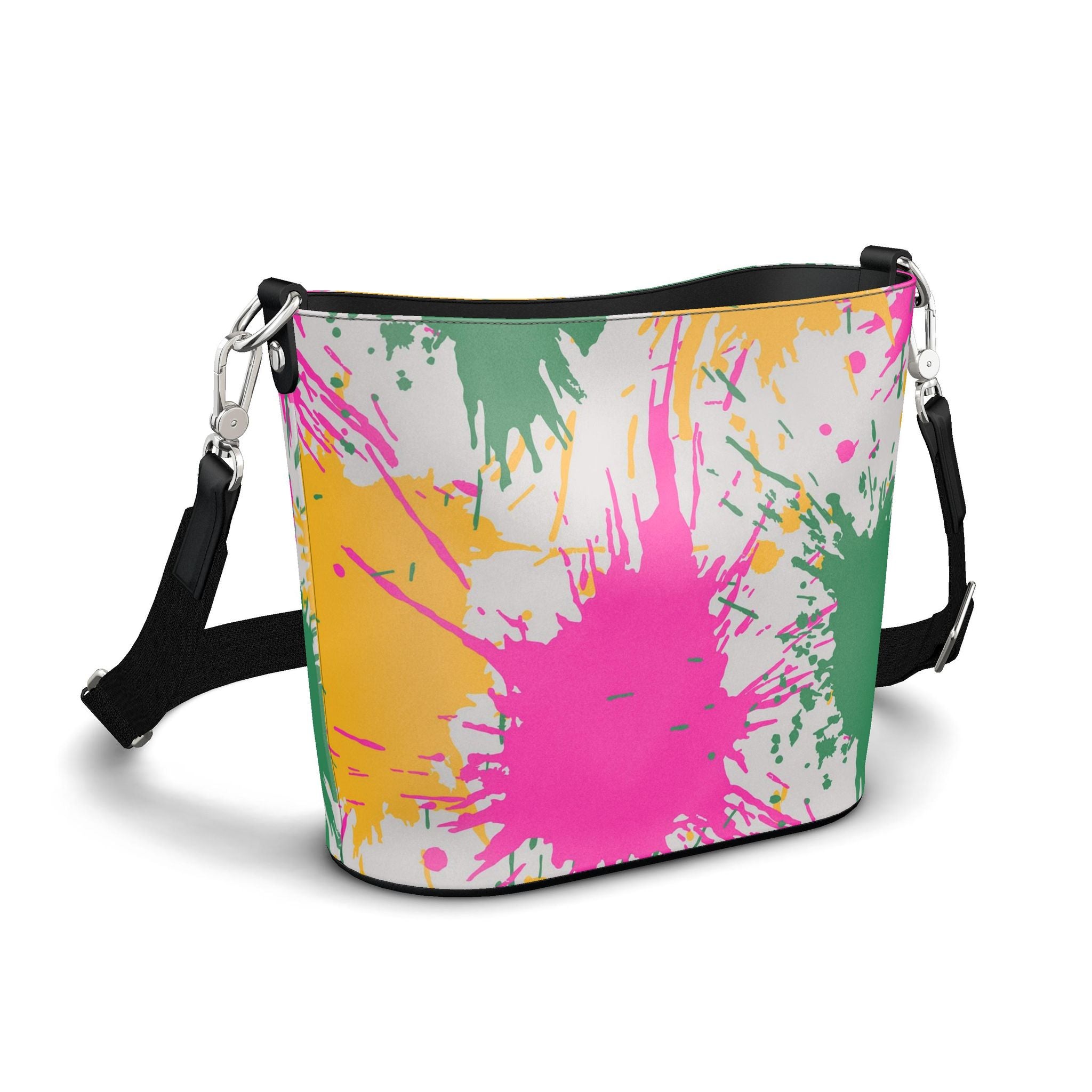 Penzance Leather Bucket Tote – Colour Splash Print | White | Handmade UK