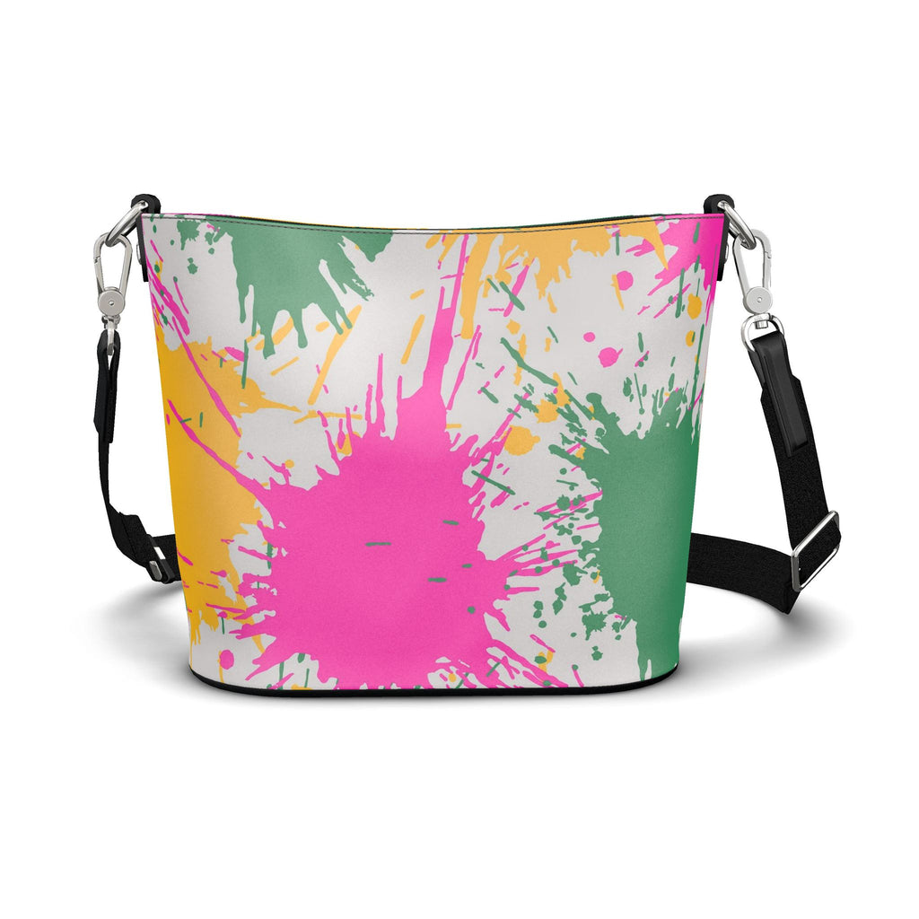 Penzance Leather Bucket Tote – Colour Splash Print | White | Handmade UK
