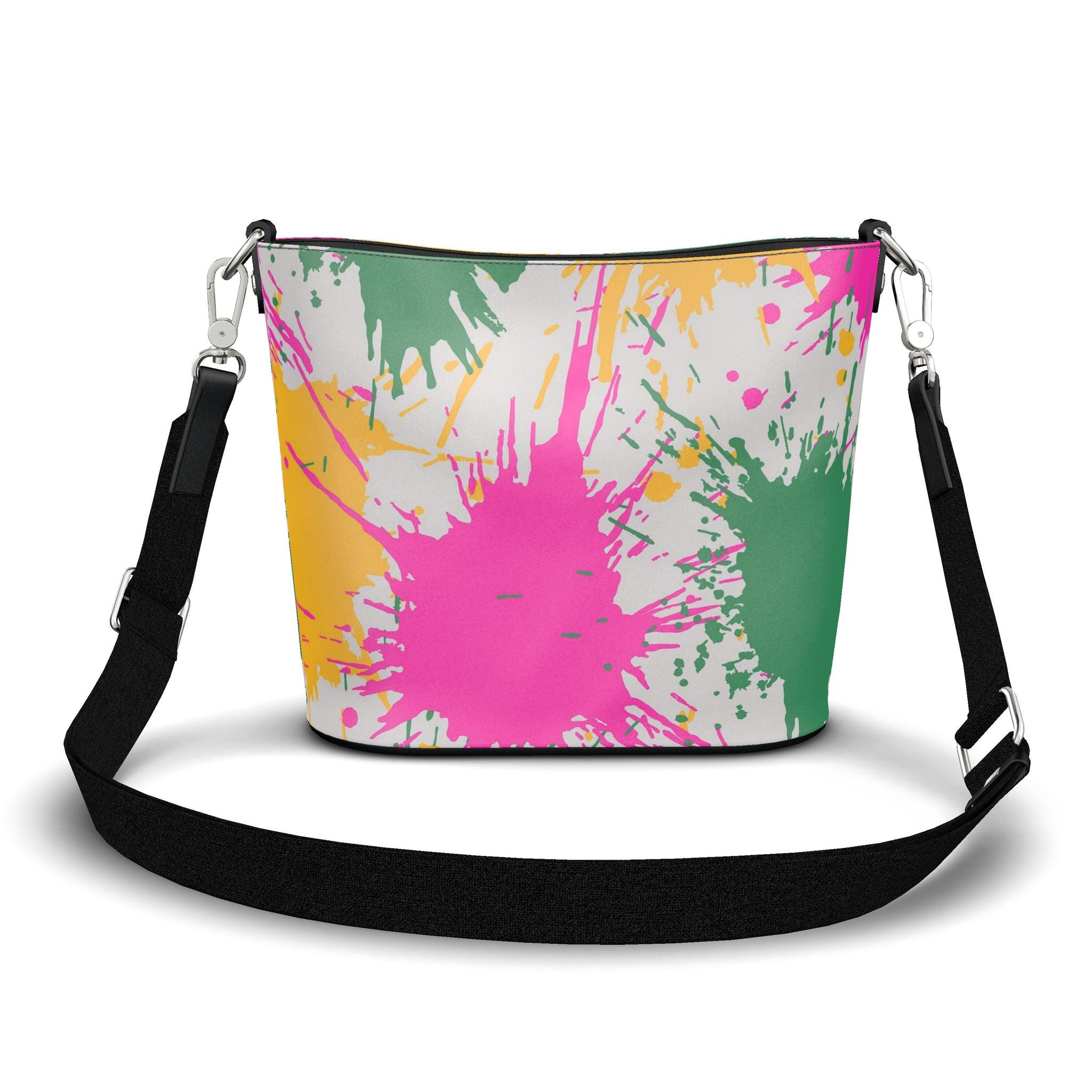 Penzance Leather Bucket Tote – Colour Splash Print | White | Handmade UK