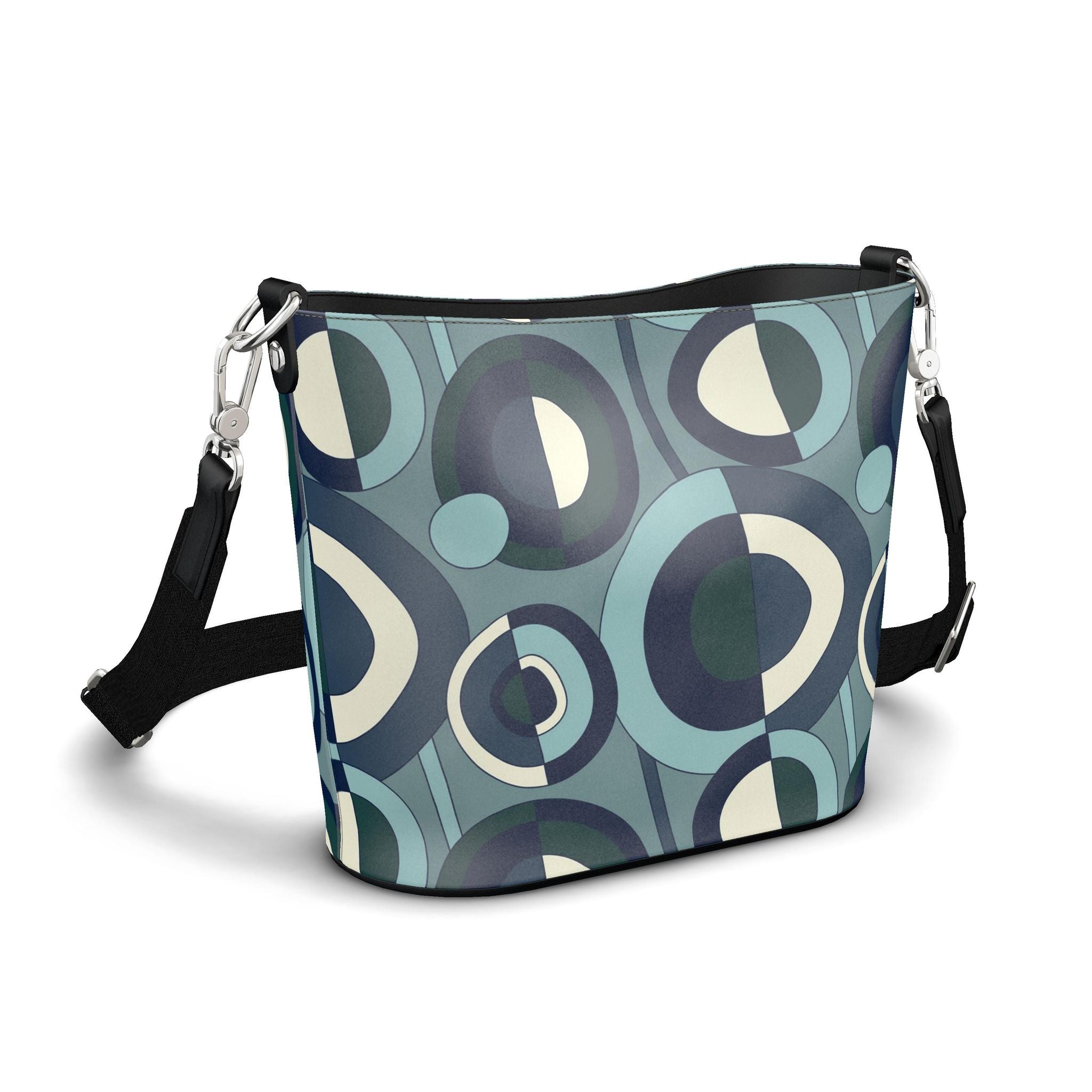 Penzance Leather Bucket Tote – Green & Cream Abstract Print | Handmade UK